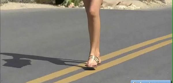  Sexy and naughty brunette teen girl amateur Nina reveal her pussy in the middle of the road
